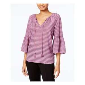KENSIE Womens Purple Tie Striped Bell Sleeve V Neck Blouse Size: M